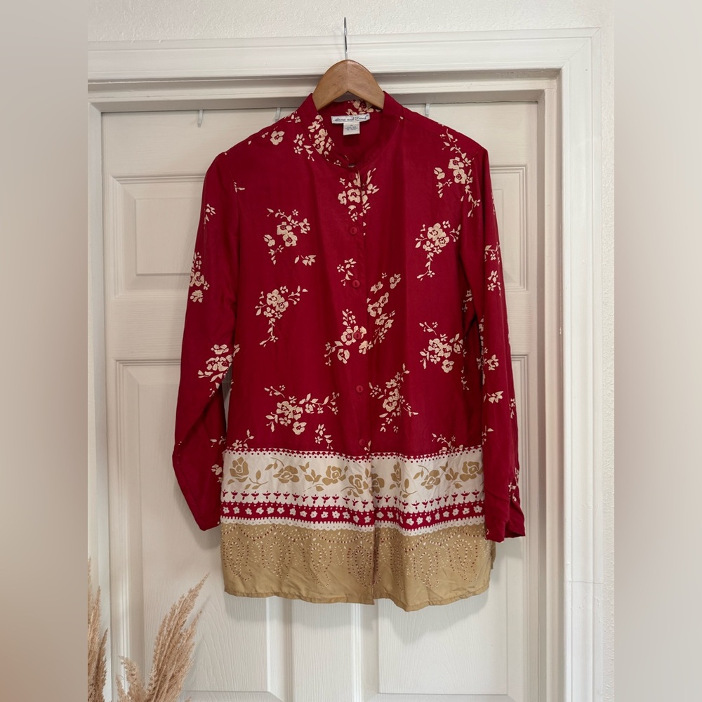 Anna and Frank Silk Long Sleeve Blouse, Size Medium, Red & Tan Floral Multi